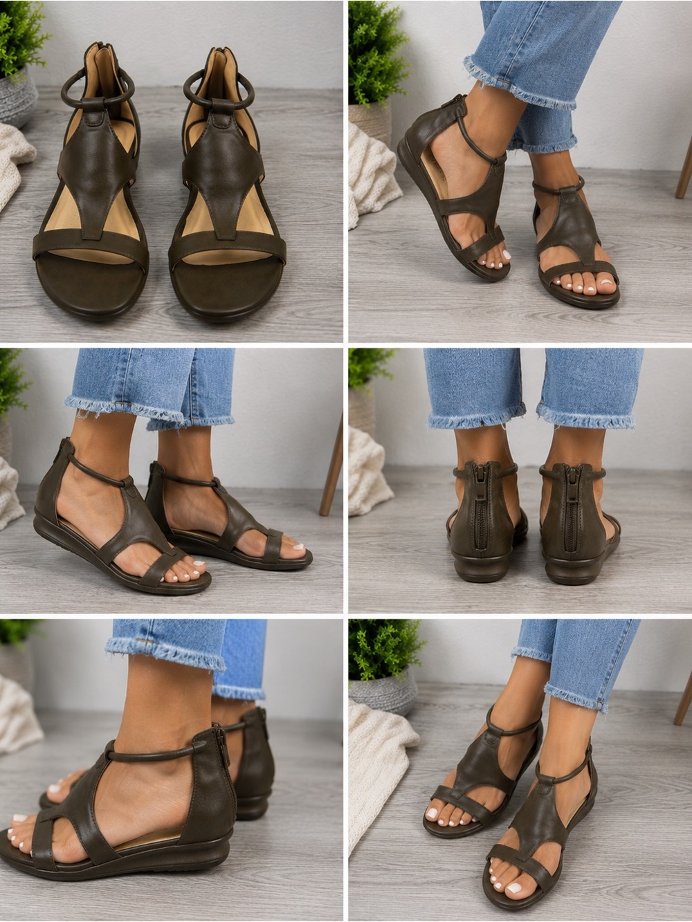 Journee Collection  Olive Green Leather T-Strap Zip-Back Sandals Size 9.5
